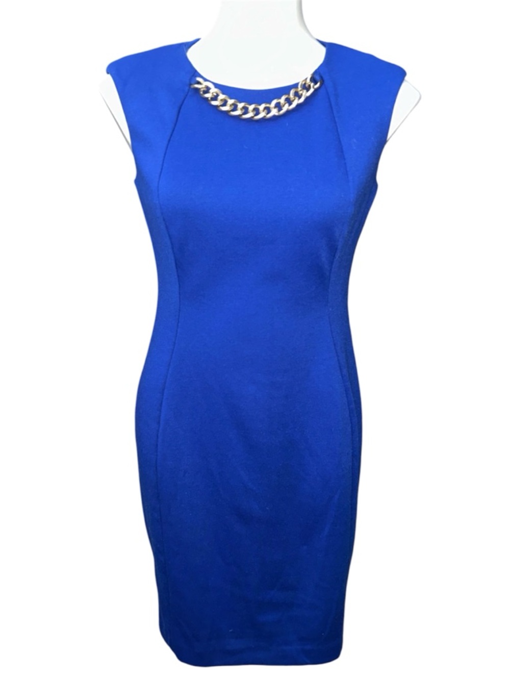 Calvin Klein Royal Blue Sheath Dress with Faux Gold Neck Chain - Size 6
